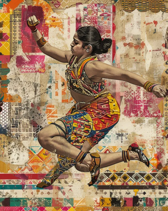 A female Indian wrestler in colorful traditional clothing grapples mid-action before a textured heritage textile backdrop.