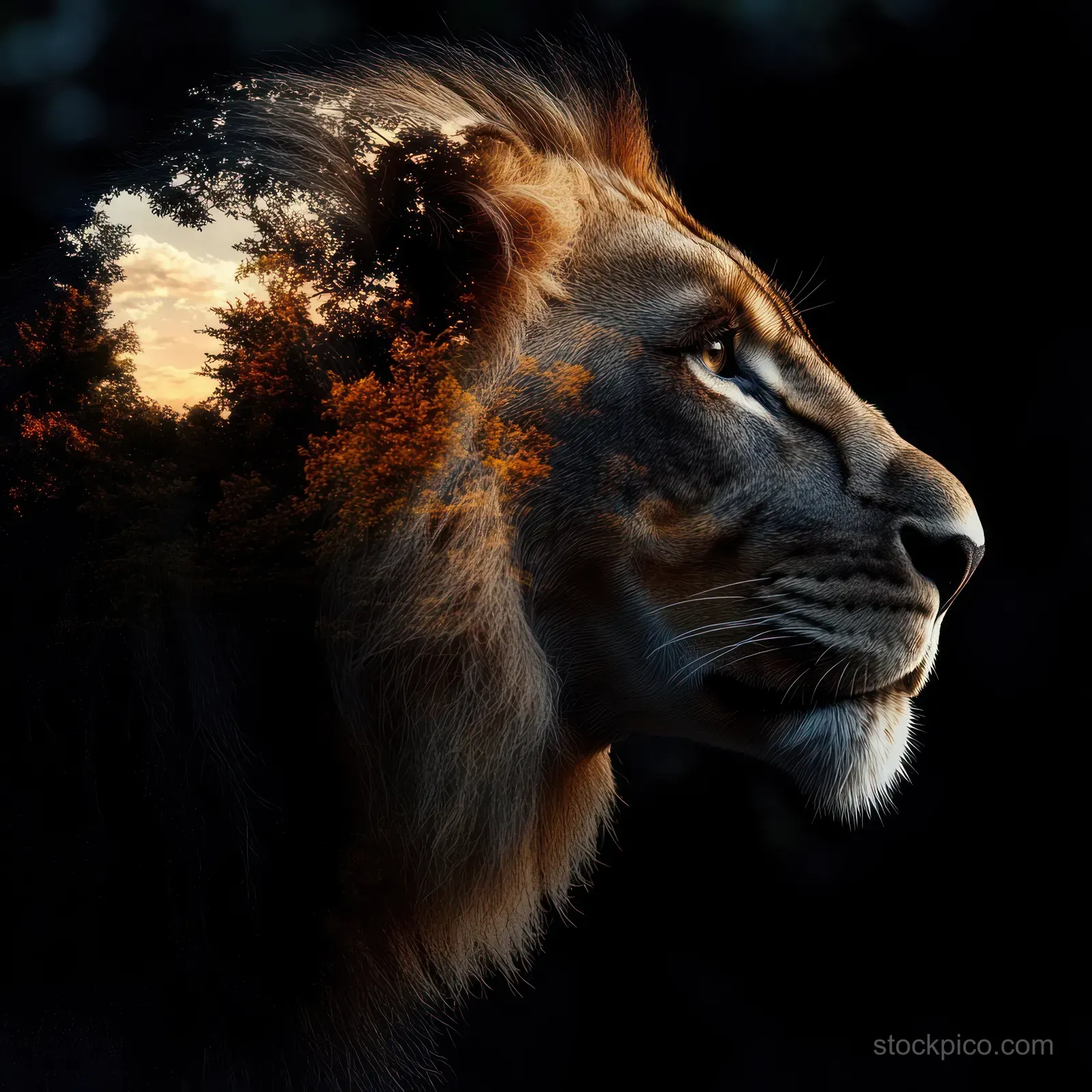 Side profile lion head with an autumn forest and sunset double exposure blending into its mane.