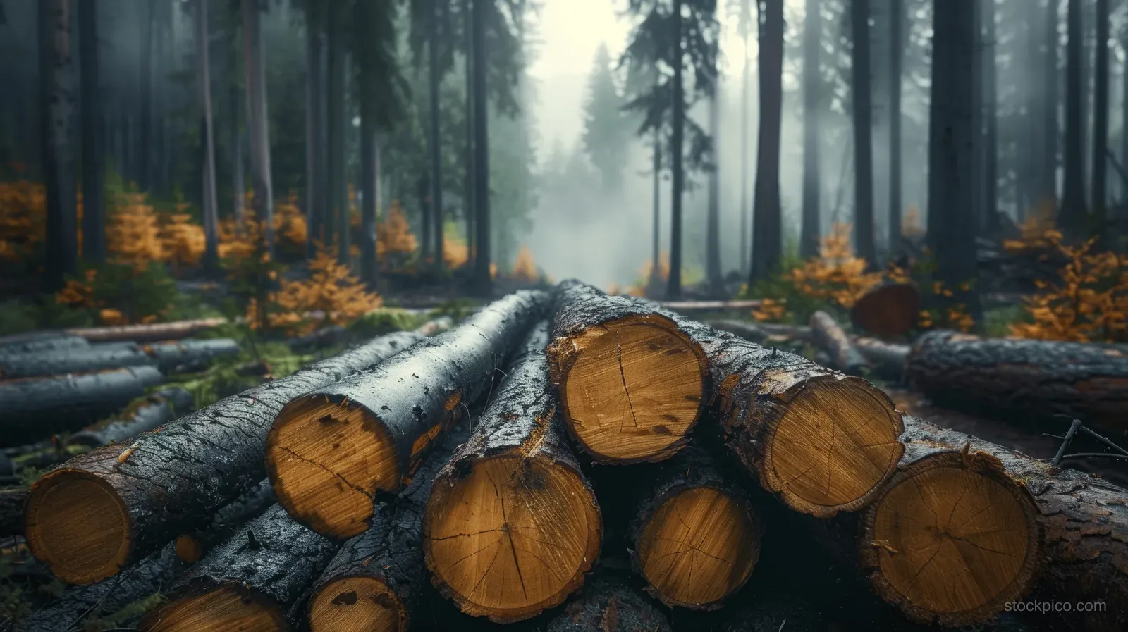 A stacked pile of cut pine logs on a foggy forest floor with visible log end faces.