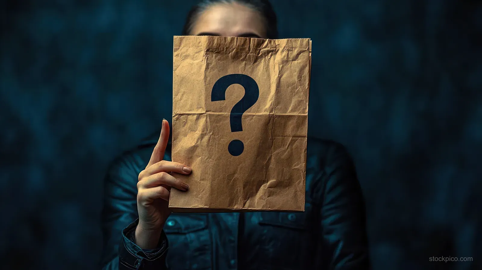 A dark-jacketed person holds a crumpled brown bag covering their face with a large black question mark.