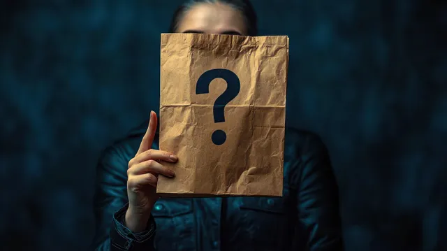 A dark-jacketed person holds a crumpled brown bag covering their face with a large black question mark.
