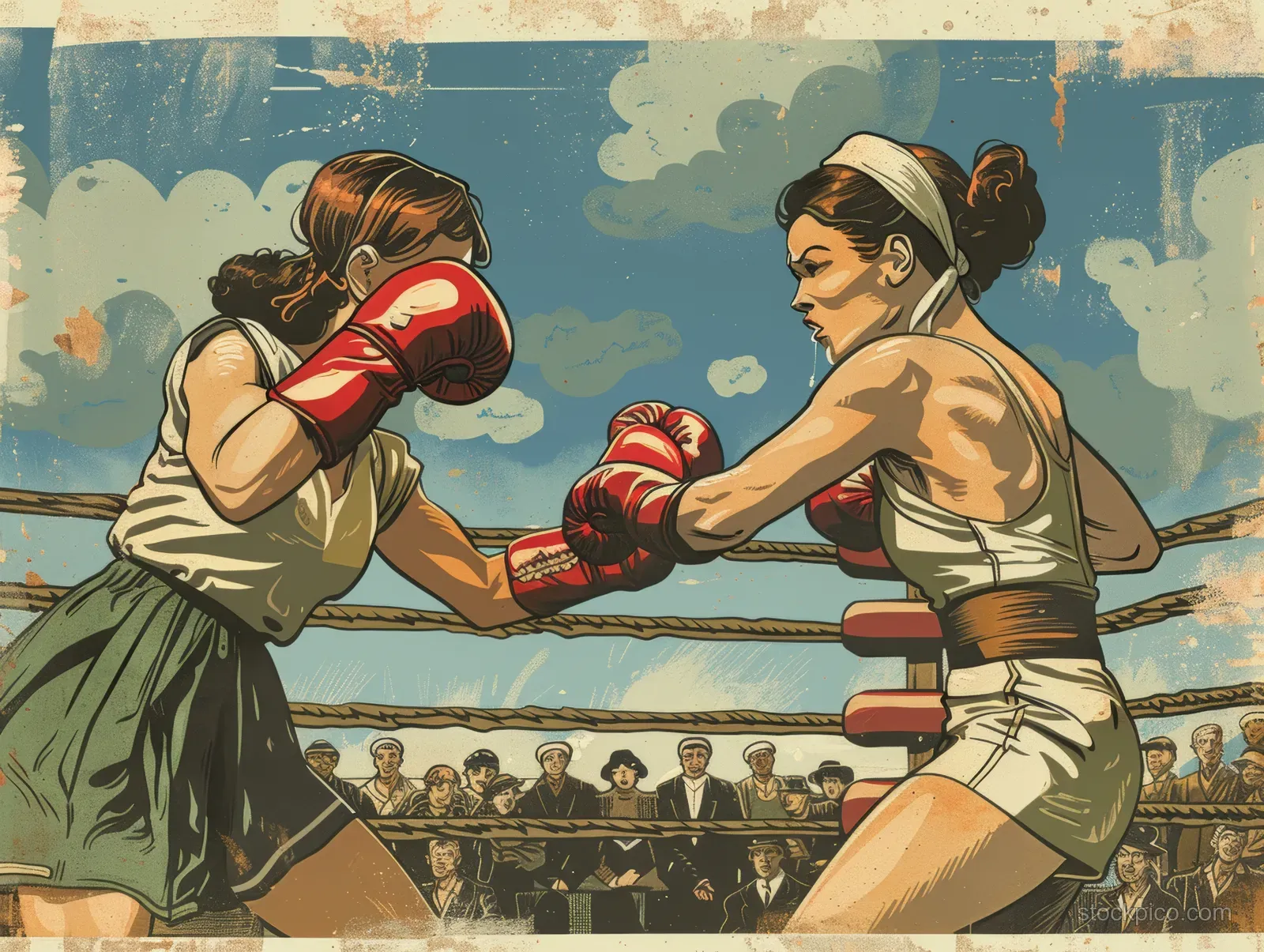 Two women boxers spar with red gloves in a weathered vintage ring as a crowd watches behind them.