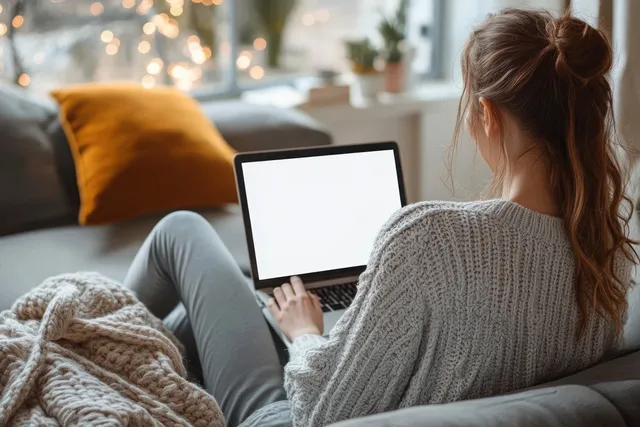 Woman lounges on sofa with laptop showing blank screen, warm living room light