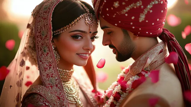 Bride and groom in traditional wedding outfits share a close-up moment while rose petals float in warm light.