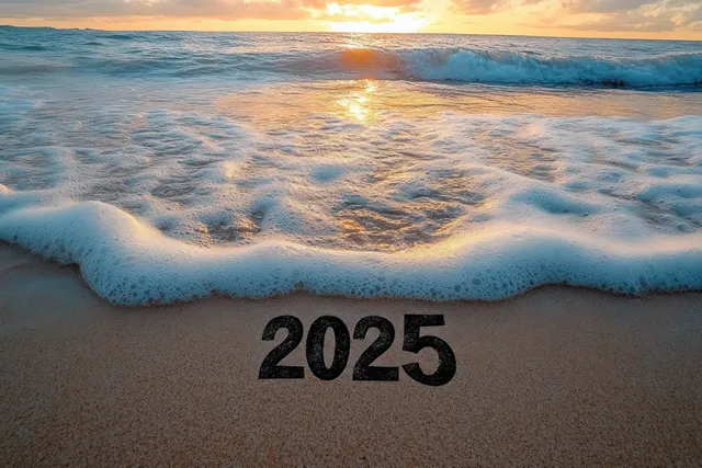 2025 on sandy beach at sunset with foamy waves rolling toward the horizon
