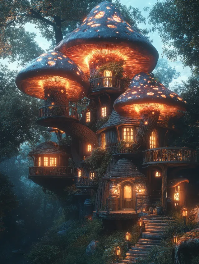 A glowing mushroom treehouse with lantern-lit windows and winding stairs sits in a misty forest under a starry sky.