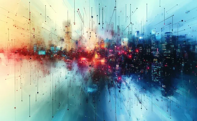 Futuristic skyline digital art with quantum computer nodes and high-key glowing grid