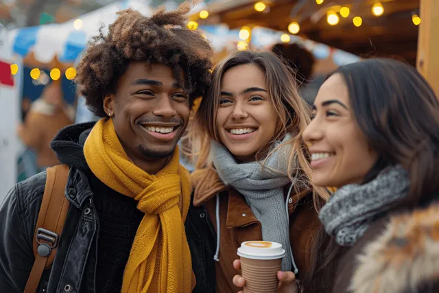 Friends laughing with coffee at an autumn street market