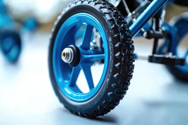 Close-up of a blue tricycle wheel with black tire treads and part of the pedal frame on a smooth light surface.