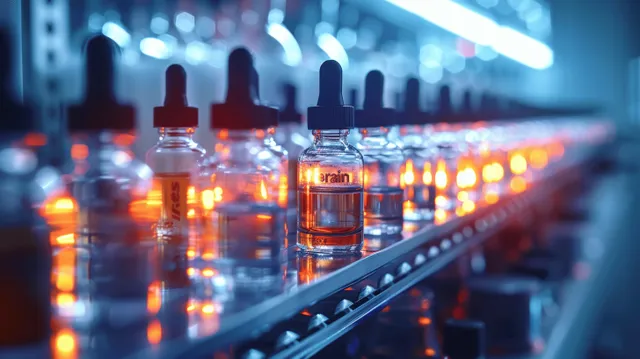 Glass vials of e-liquid are lined on a lab shelf under bright lights for quality testing.