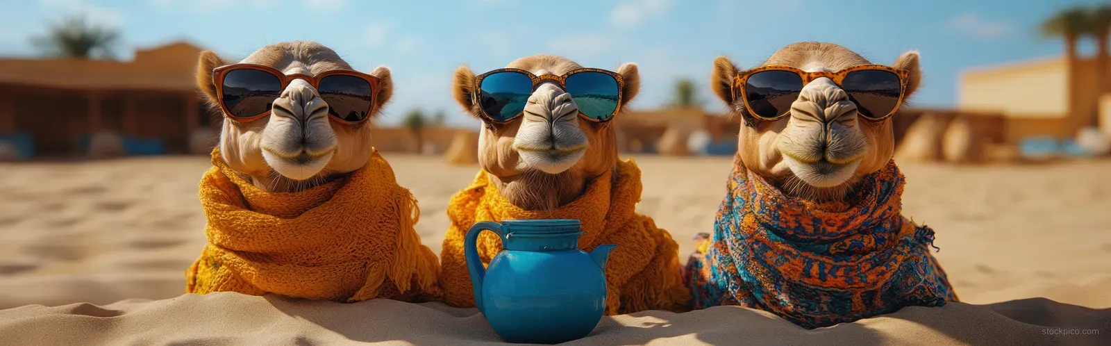 Three camels wearing sunglasses and colorful scarves pose on a sandy desert street under bright sunlight.