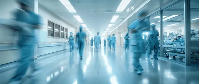 Blurred hospital corridor with medical staff walking fast past equipment and bright lights