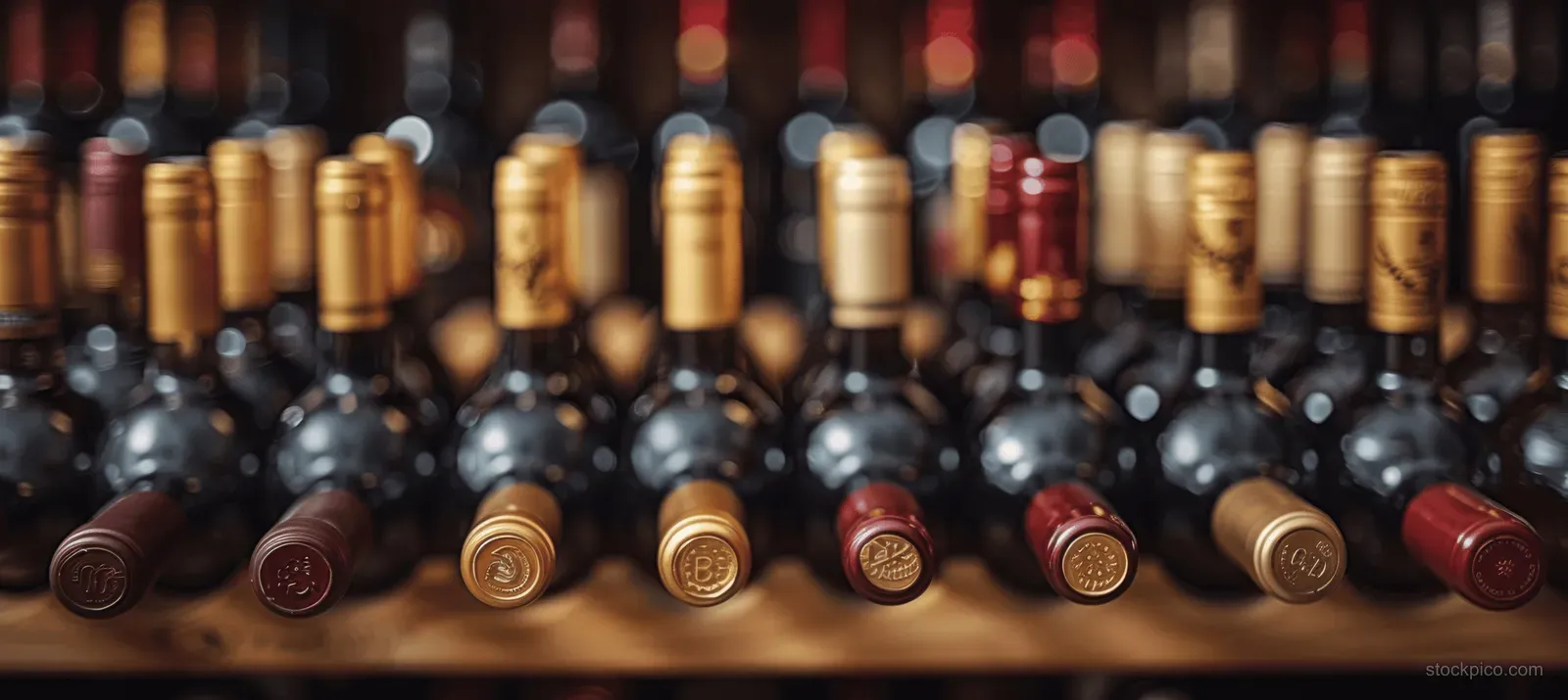 Red and white wine bottles lined up on dark wood cellar shelves under warm lighting.