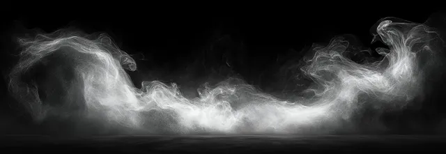 Whirling white smoke forms fluid mist plumes against a deep black background