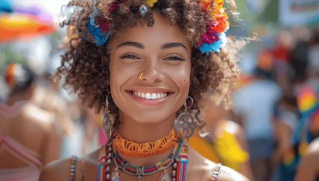 Pride marcher holds rainbow feather fan, smiling in a street crowd during Gay Pride parade