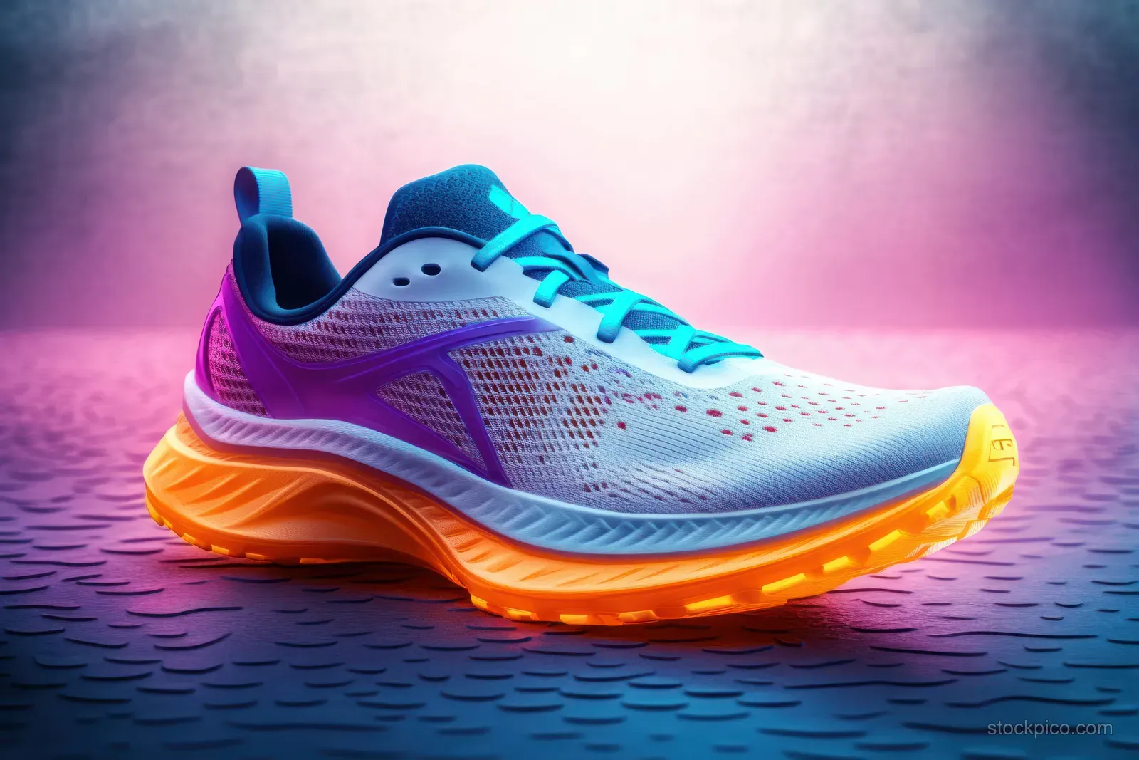 Blue and purple running shoe with bright orange sole positioned on textured surface under pink and purple neon lighting.