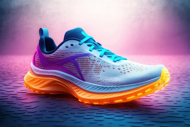 Blue and purple running shoe with bright orange sole positioned on textured surface under pink and purple neon lighting.