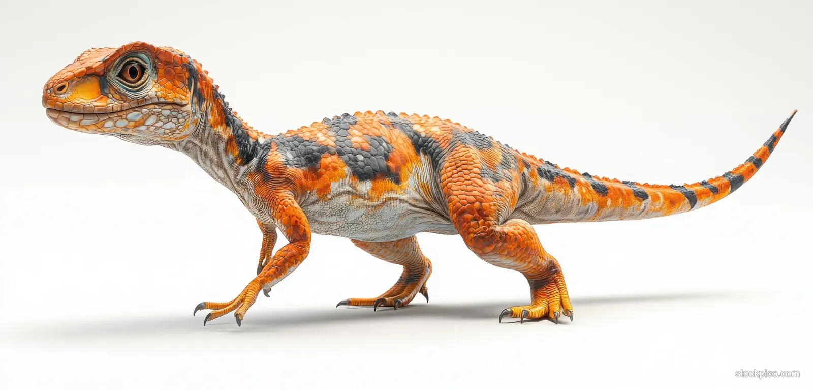 Acrocanthosaurus theropod crouches on sandy ground with orange-brown textured skin and a raised tail.