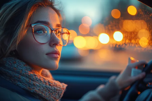 Joyful woman holds new driver license inside car, celebrating passing driving exam at sunset