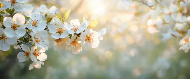 Blooming white cherry blossoms in soft sunlight with blurred spring meadow background