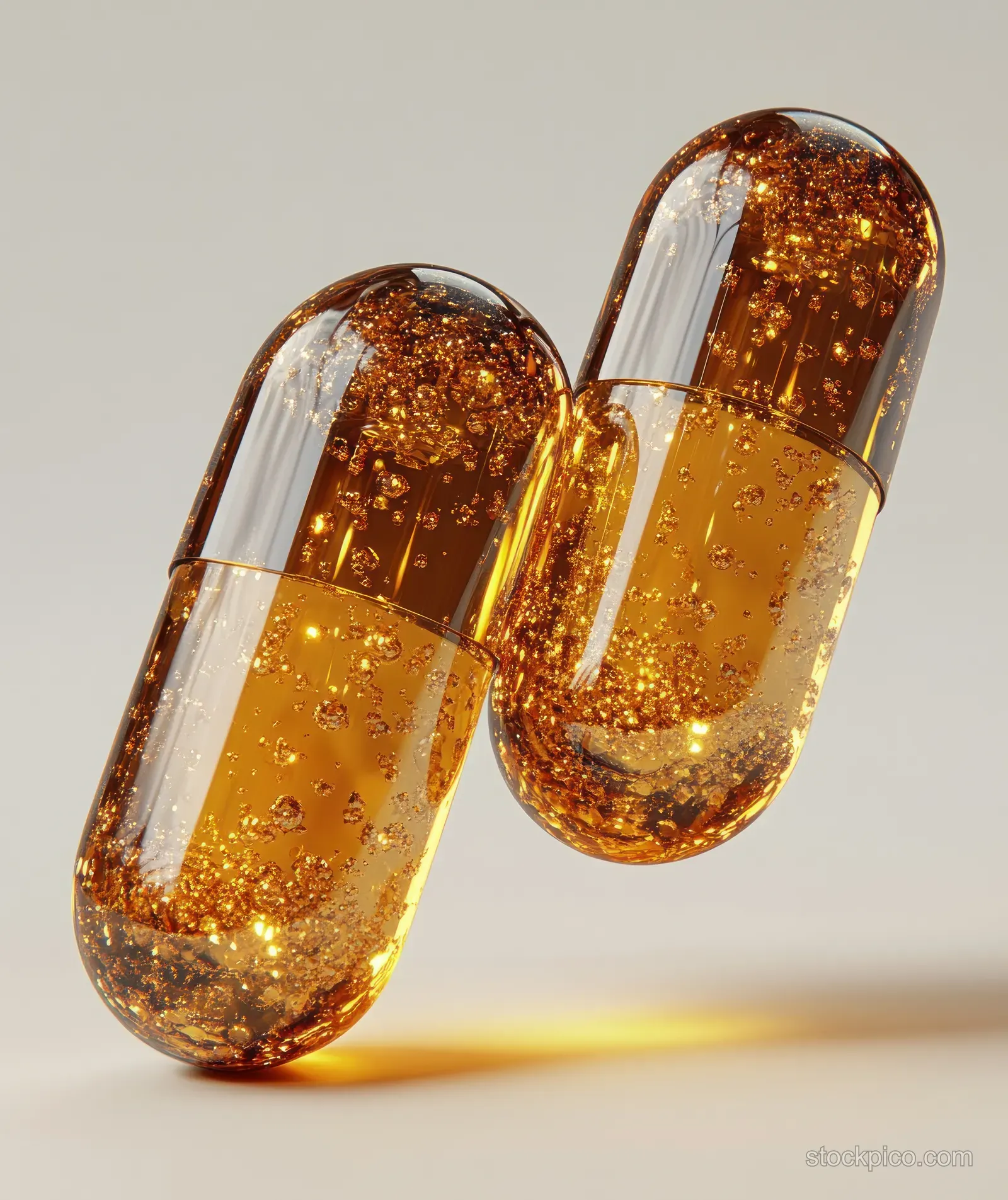 Two translucent amber fish oil capsules resting on a white background.