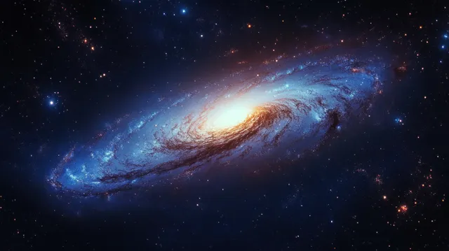 A spiral galaxy in blue and purple glows with star clusters and nebula-like dust across deep space.