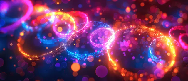 Colorful neon rings glow over bokeh lights, abstract celebration background with energetic light trails