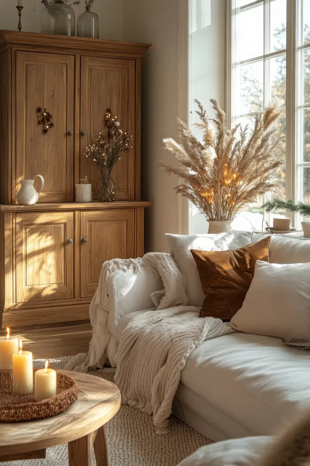 Warmly lit living room with a decorated wooden cabinet, candles on a side table, and wrapped gifts near the sofa.