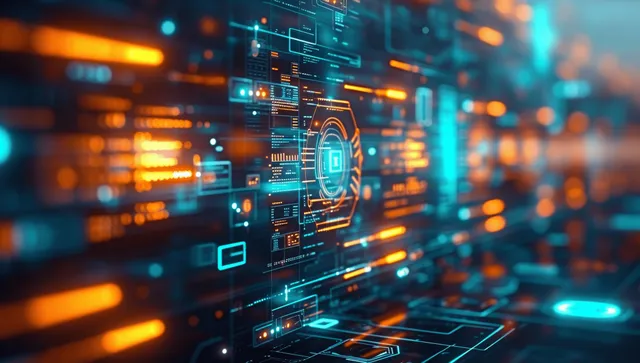 A glowing compliance shield overlays a futuristic digital document interface with floating panels and data streams.