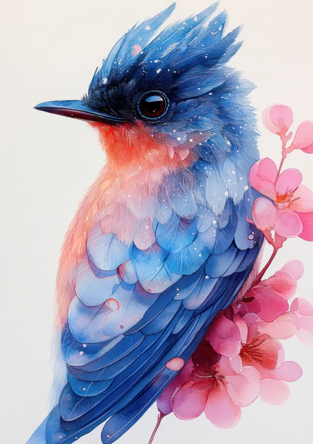 Blue watercolor bird perched beside pink blossoms