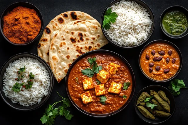 Overhead spread of paneer curry, basmati rice, naan, lentil stew, green chutney, and chili on dark background.