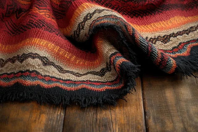 Warm geometric woven textile with fringe rests on weathered wooden planks.