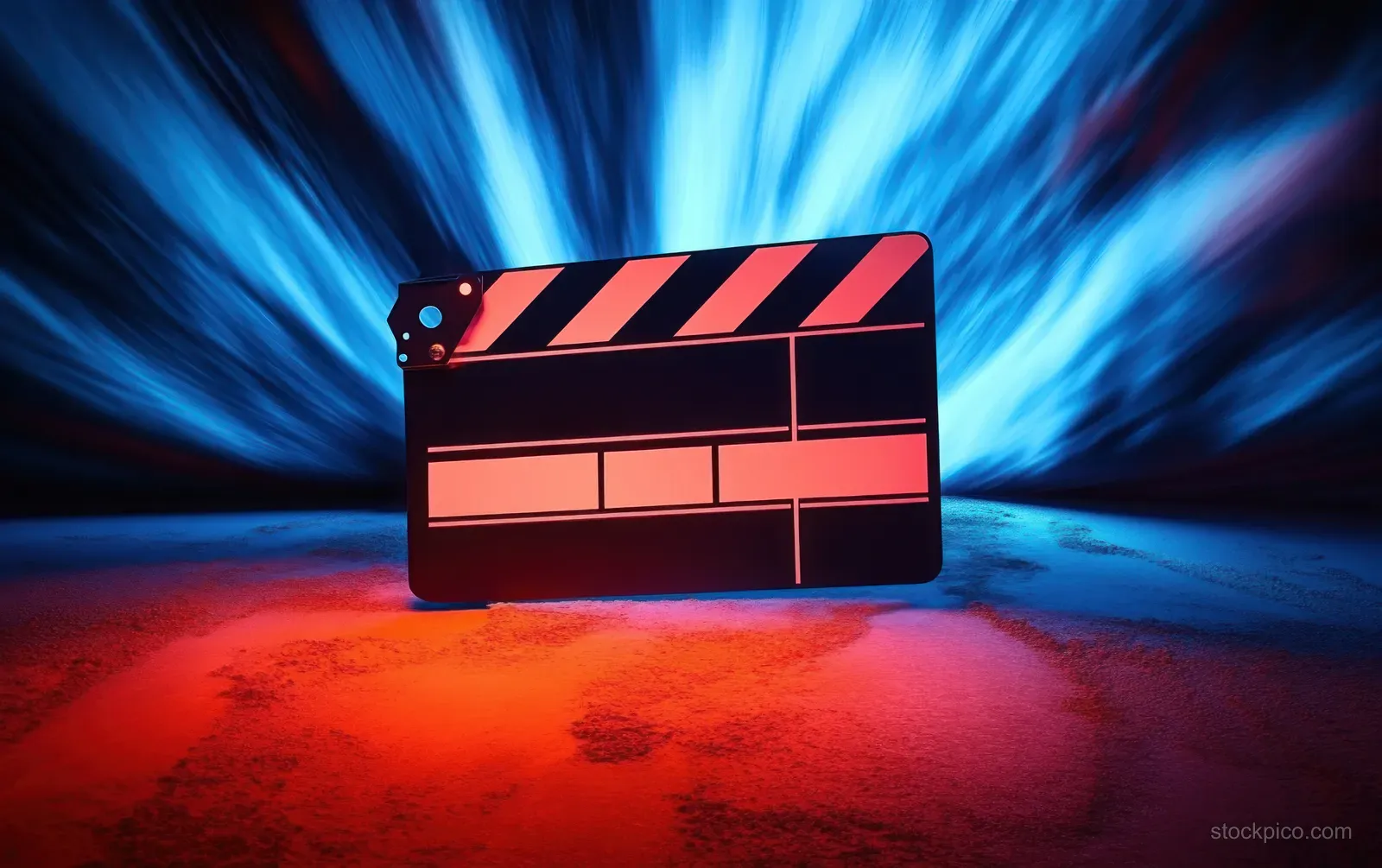 A cinematic clapperboard on a red floor with blue motion blur light rays behind it.
