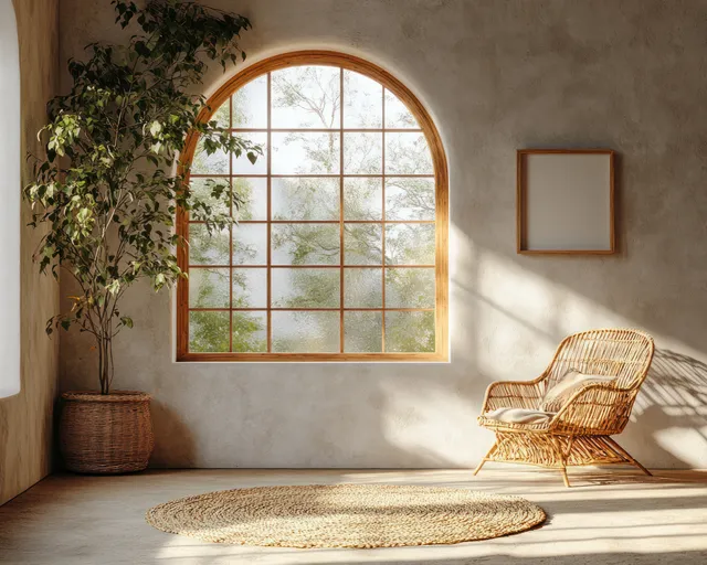 Sunlit Scandinavian living room with an arched wooden window, woven plant basket, chair, rug, and an empty wall frame.
