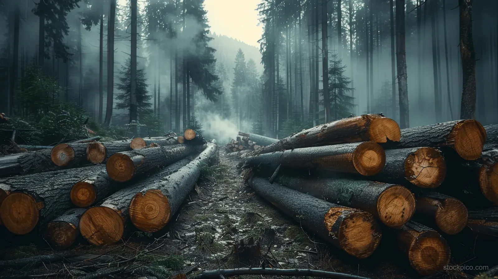 Stacked cut logs in a foggy forest clearing with misty light and visible bark textures.