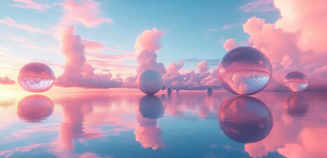 Pastel golden-hour sky reflected on calm water with floating glossy spheres and a distant surreal horizon.