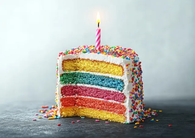 Rainbow layered birthday cake slice with white frosting, colorful sprinkles, and a lit striped candle on dark slate.