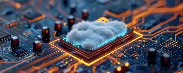 A glowing cloud over orange circuit lines with a translucent security shield representing encrypted data syncing.