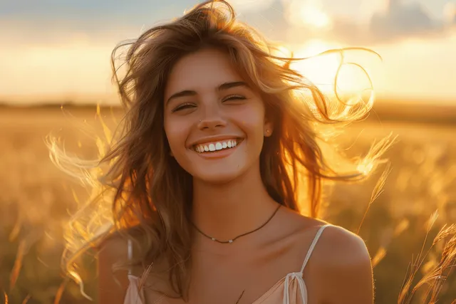 Young woman smiling in golden wheat field at sunset with wind-tossed hair
