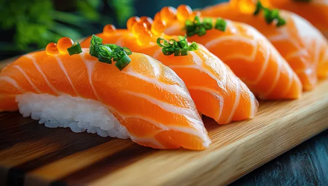 Close-up of salmon nigiri sushi on a wooden board with green onions and orange fish roe.