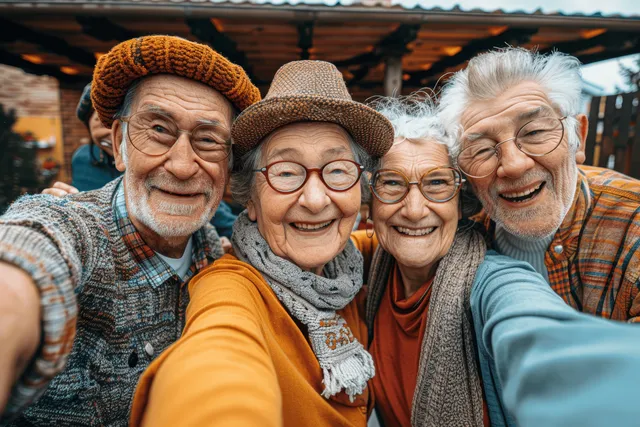 Senior friends take a selfie outdoors in a garden, laughing with warm summer light