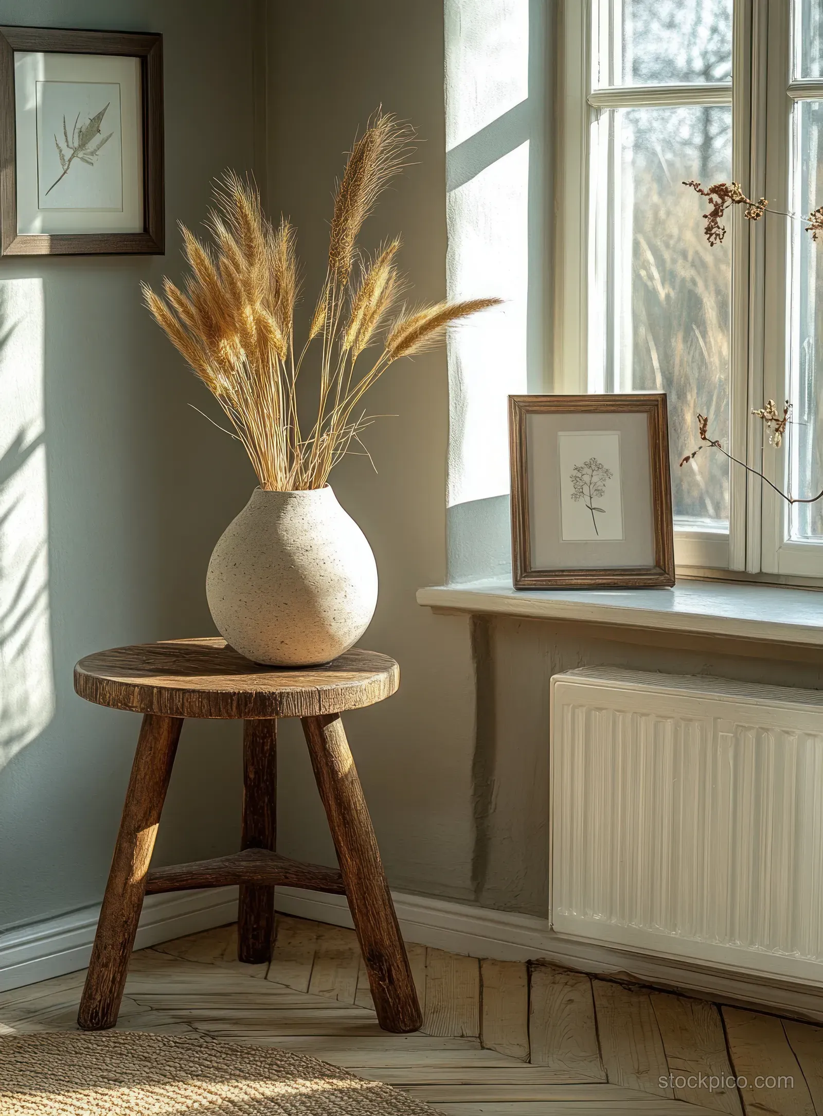 Sunlit Scandinavian living room corner with a wooden side table holding a vase and a framed picture on the wall.