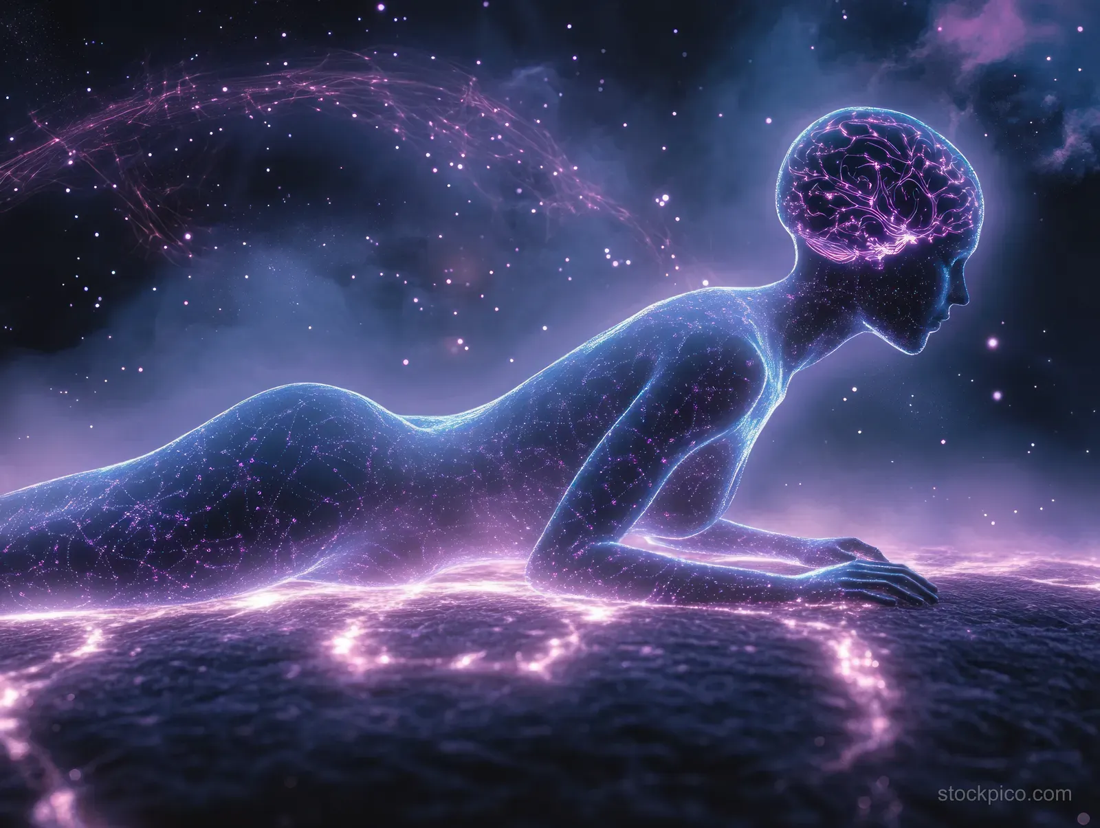 A reclining human silhouette emits glowing neural pathways within a swirling cosmic vortex of stars and nebula light.