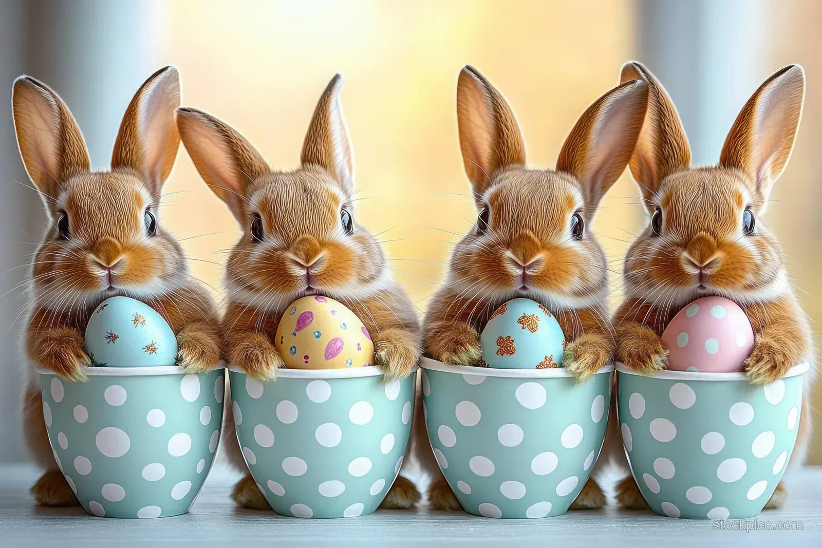 Four brown rabbits sit in blue polka-dot cups, each holding a decorated Easter egg.