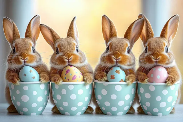 Four brown rabbits sitting in blue polka-dot cups, each holding an Easter egg