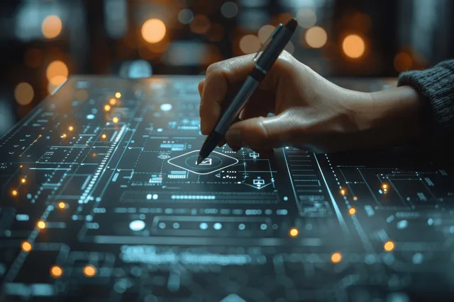 A person’s hand points with a stylus at a glowing quality control checklist on a virtual interface.