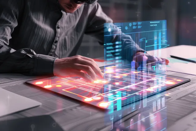 Businesswoman taps a tablet showing a digital quality checklist with holographic ISO inspection overlays.