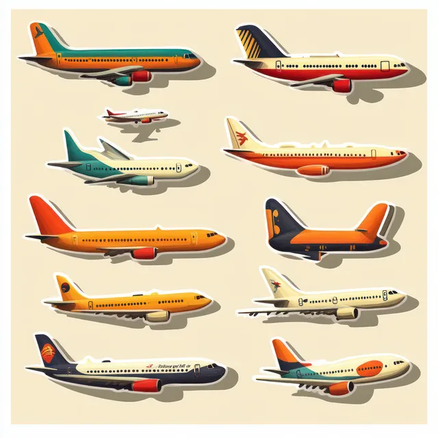 Several colorful airplane stickers with different orientations arranged on a light beige background.