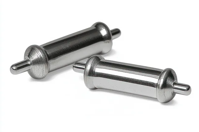 Two shiny metal cylindrical pins with rounded ends on a clean white background