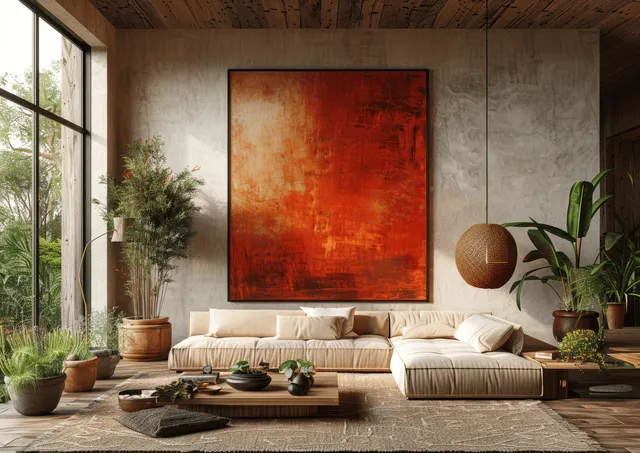 Sunlit Scandinavian living room with beige sofa, red abstract painting, and potted plants beside large windows.